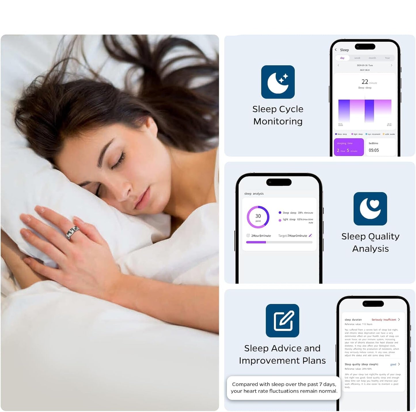 Smart Ring Health Tracker, Sleep Tracker Ring with Heart Rate, Waterproof Fitness Ring for Activity Monitoring/Steps/Distance/Calories,Air Gestures,Up to 7Day Battery,For Ios Android(Stylish Silver#8)