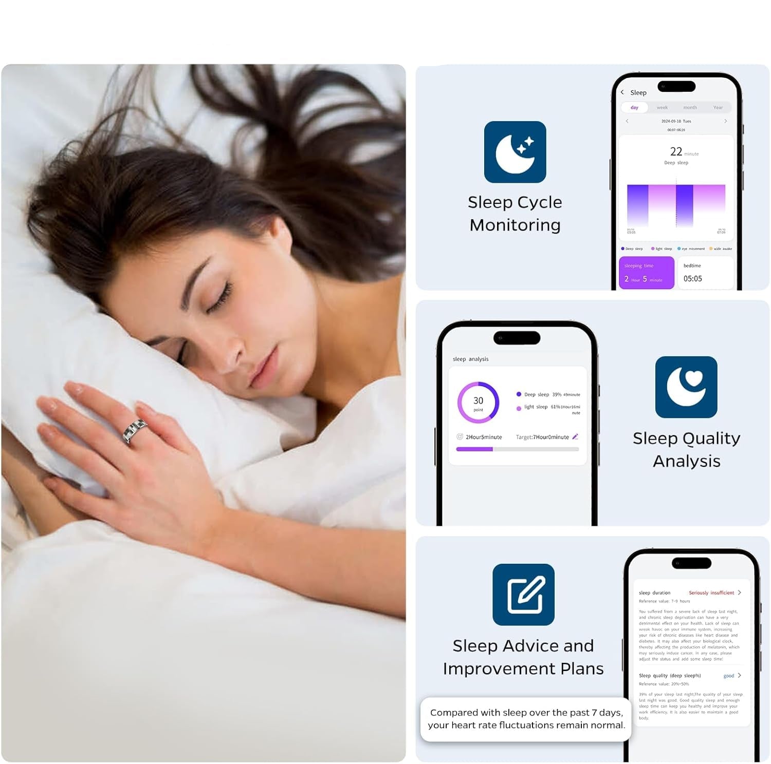 Smart Ring Health Tracker, Sleep Tracker Ring with Heart Rate, Waterproof Fitness Ring for Activity Monitoring/Steps/Distance/Calories,Air Gestures,Up to 7Day Battery,For Ios Android(Stylish Silver#8)